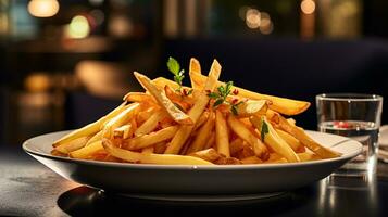 foto de francés papas fritas como un plato en un gama alta restaurante. generativo ai