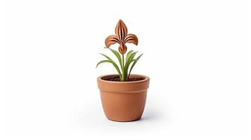 Photo of Fleur-de-lis flower in pot isolated on white background. Generative AI