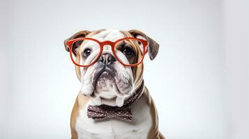 Photo of a Bullmastiff dog using eyeglasses isolated on white background. Generative AI