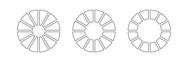 entrenamiento rueda vida blanco. contorno rosquilla cartas o pasteles segmentario en 12 igual partes. ruedas redondo dividido en doce secciones. diagramas infografía colocar. circulo sección grafico. tarta gráfico iconos vector. vector