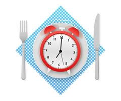 plano icono con almuerzo hora y mano con bandeja en blanco antecedentes para cubrir diseño vector