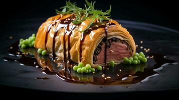 Photo of Beef Wellington as a dish in a high-end restaurant. Generative AI