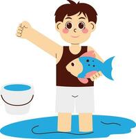 Boy Playing Catching Fish Illustration vector