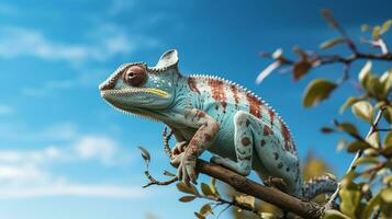 Photo of a Chameleon under Blue Sky. Generative AI