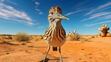 Photo of a Roadrunner in a Desert with blue sky. Generative AI