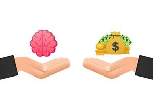 For concept design. Vector illustration of mechanism to compare value of brainwork and money on scales.Mental health concept