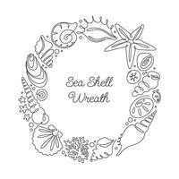 Monochrome seashells wreath, one line with endless infinite contour doodle drawing. Frame of abstract shapes of ocean shells vector