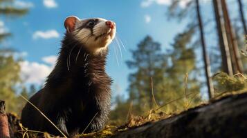 Photo of Ferret in ther forest with blue sky. Generative AI