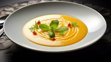 Photo of Melon Gazpacho as a dish in a high-end restaurant. Generative AI