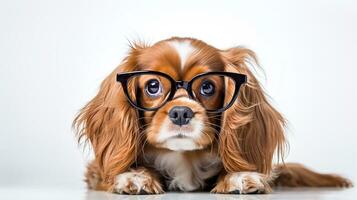 Photo of a Cavalier King Charles Spaniel dog using eyeglasses isolated on white background. Generative AI