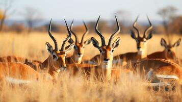 Photo of a herd of Antelope resting in an open area on the Savanna. Generative AI