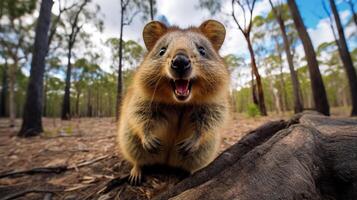 Photo of Quokka in ther forest with blue sky. Generative AI