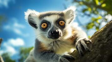 Photo of a Lemur under Blue Sky. Generative AI