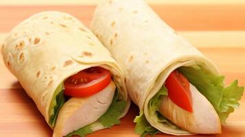 Two fresh chicken and salad tortilla wraps on wooden cutting board with glasses in background. . photo
