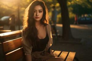 un hermosa asiático mujer se sienta en un parque banco en el tarde tarde foto