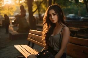 un hermosa asiático mujer se sienta en un parque banco en el tarde tarde foto