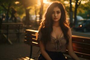 un hermosa asiático mujer se sienta en un parque banco en el tarde tarde foto