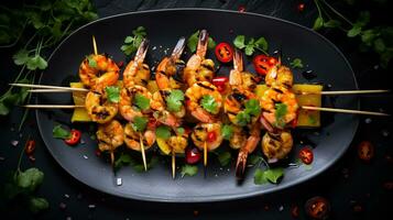 Photo of Shrimp and Pineapple Skewers as a dish in a high-end restaurant. Generative AI