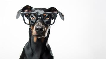 Photo of a Doberman Pinscher dog using eyeglasses isolated on white background. Generative AI