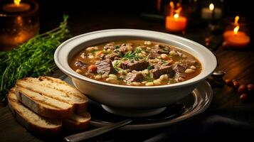 Photo of Beef and Barley Soup as a dish in a high-end restaurant. Generative AI