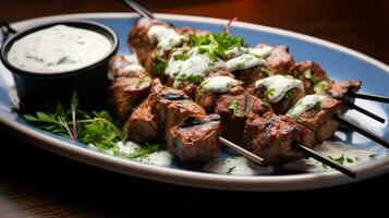 Photo of Lamb Kebabs with Yogurt Sauce as a dish in a high-end restaurant. Generative AI