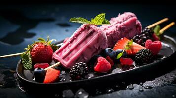 Photo of Berry Popsicles as a dish in a high-end restaurant. Generative AI