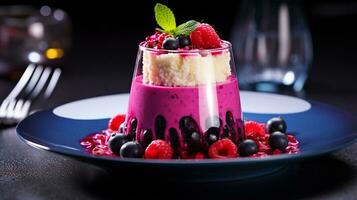 Photo of Dragon Fruit Parfait as a dish in a high-end restaurant. Generative AI