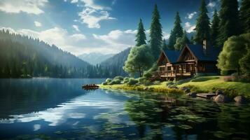 tranquilidad orilla del lago con escénico paisaje foto