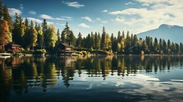 Peacefulness lakeside with scenic landscape photo