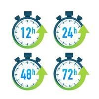 12, 24, 48, 72 hours clock arrow. Work time effect or delivery service time. Vector stock illustration