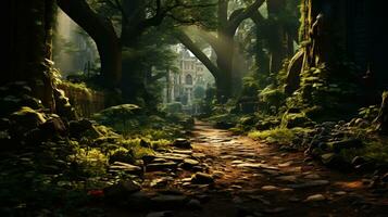 magical forest scenes with lush greenery photo