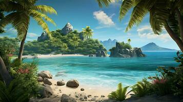 images of tropical paradises with palm fringed beach photo