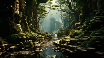 magical forest scenes with lush greenery photo