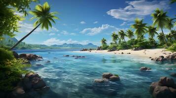 images of tropical paradises with palm fringed beach photo