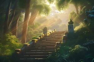 image of magical forest scene with lush greenery with anime style photo