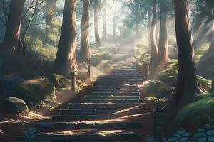 image of magical forest scene with lush greenery with anime style photo