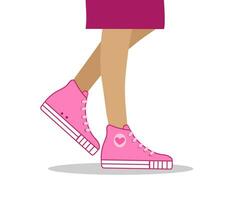 Legs of a girl in sneakers. Pink sneakers for jogging and sports. Modern fashionable shoes, sport style. Comfortable running shoes. Vector illustration on isolated white background.