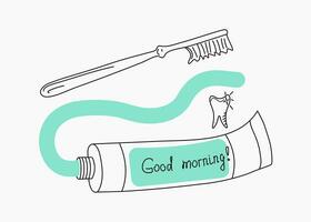 Teeth cleaning. Dentistry, dental care. Toothbrush and toothpaste. Text, calligraphy Good morning. Health and hygiene. Doodle illustration. vector