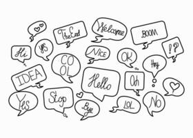 Short phrases in different languages, greetings. Information forms, speech bubbles. World Hello Day. November 21. Funny vector banner, Calligraphy lettering, words. Talk, communicate, social media.