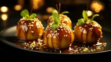 foto de caramelo manzanas como un plato en un gama alta restaurante. generativo ai