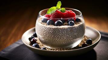 Photo of Chia Pudding as a dish in a high-end restaurant. Generative AI