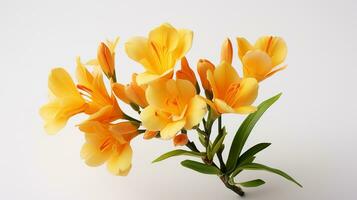 Photo of beautiful Freesia flower isolated on white background. Generative AI