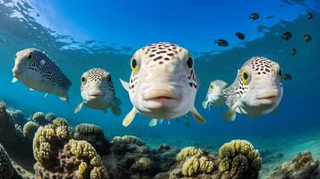 Photo of Pufferfish with various fish between healthy coral reefs in the blue ocean. Generative AI