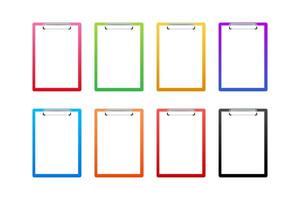 Different color clipboard set with blank white sheet. Vector stock illustration