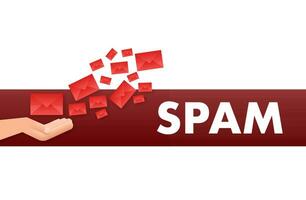 No spam. Spam Email Warning. Concept of virus, piracy, hacking and security. Envelope with spam. Vector illustration