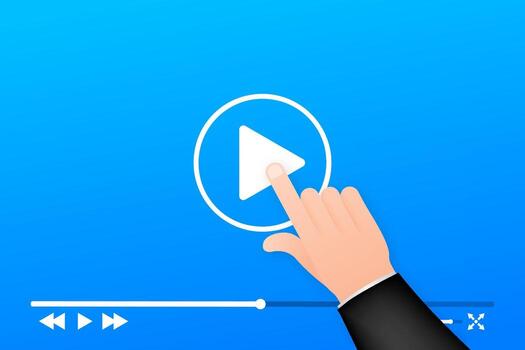Template video frame. Template media player. Hand holding and touching. Mobile app interface. Vector stock illustration