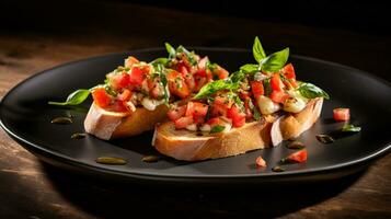 Photo of Summer Bruschetta as a dish in a high-end restaurant. Generative AI