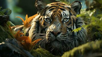 Close-up photo of a Tiger looking any direction on jungle. Generative AI