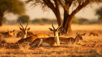 Photo of a herd of Gazelle resting in an open area on the Savanna. Generative AI