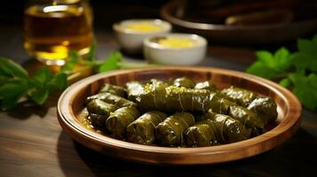 Photo of Dolmas - Stuffed Grape Leaves as a dish in a high-end restaurant. Generative AI